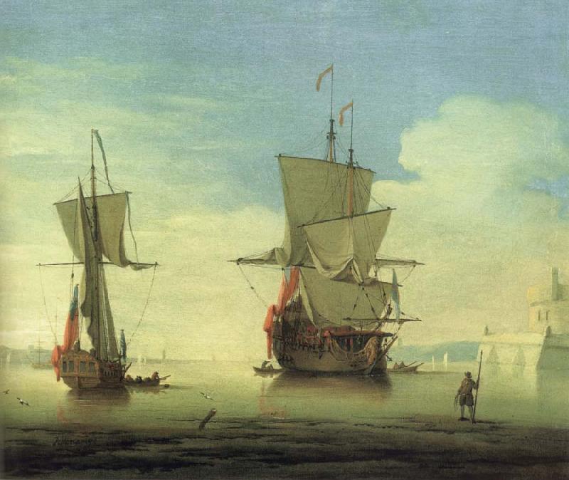 Monamy, Peter A fifty gun two-decker,at sea near a coast France oil painting art